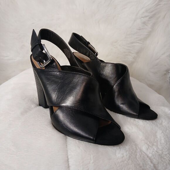 Nine West Shoes - NINE WEST BLACK LEATHER OPEN TOE HEELS W/ CROSS OVER BUCKLE STRAP SIZE 8 1/2